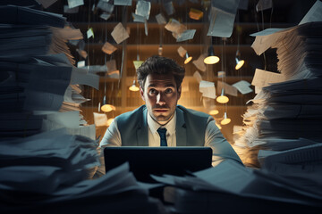 Businessman surrounded by stacks of paperwork. Generative AI