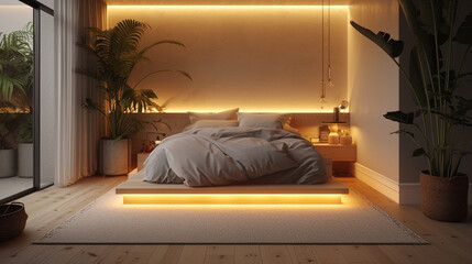 A cozy bedroom with a neutral color palette, featuring a low-profile bed and soft ambient lighting.