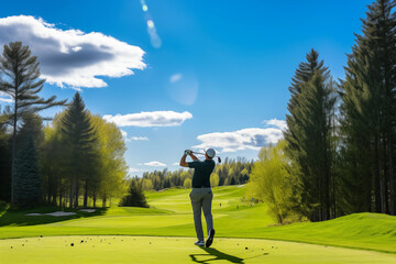 Fototapeta premium Golfer teeing off on a picturesque green, the club swinging through the air with precision. Generative AI