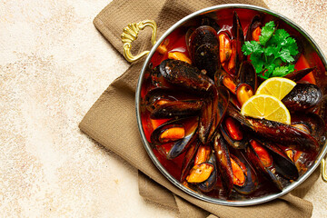 mussels in tomato sauce, homemade, no people,