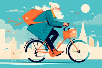 Man riding bicycle featuring light blue background and pastel color palette.