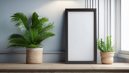 mock up wall art portrait window with palm tree in the background interior, 