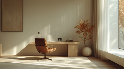 A minimalist home office with a streamlined desk, ergonomic chair, and ample natural light for a focused workspace.