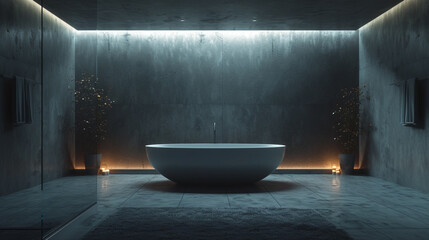 A monochromatic bathroom with clean lines, featuring a standalone bathtub and subtle ambient lighting.