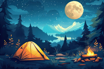 Fototapeta premium peaceful camping night under a full moon in a serene forest setting