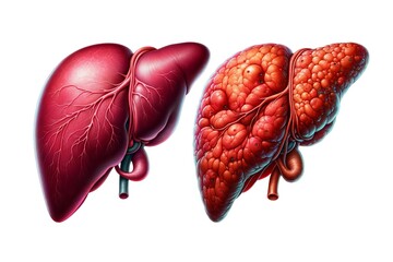 Illustrations of a healthy and diseased human liver, highlighting the stark contrasts for medical and educational use.
