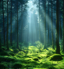 Experience the forest with all your senses by bathing in the forest The sun shines through the leaves.High quality photo