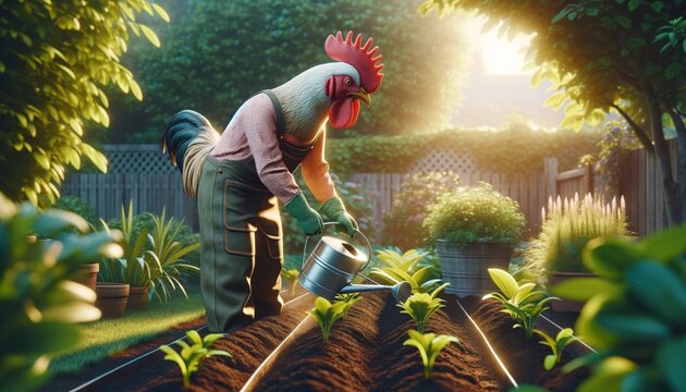 A chicken wearing a farmer's outfit is watering plants in a garden.