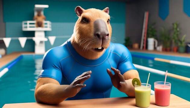 bara in a blue tank top sitting at a table by the pool