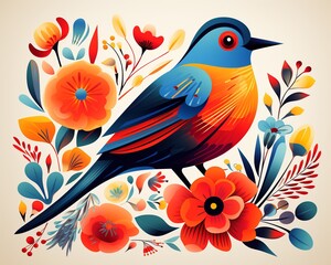 Artistic vector rendering of a playful bird in primary colors with a striking flower, simple yet vibrant ,  clean and clear drawing