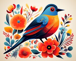 Naklejka premium Artistic vector rendering of a playful bird in primary colors with a striking flower, simple yet vibrant , clean and clear drawing