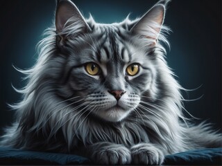 Exquisite close-up of a Maine Coon cat with striking yellow eyes and a luxurious silver fur coat