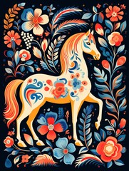 Charming folk art vector illustration with a horse, colorful vegetation, and figures, highresolution, vivid and sharp detailing ,  vector and illustration drawing graphic