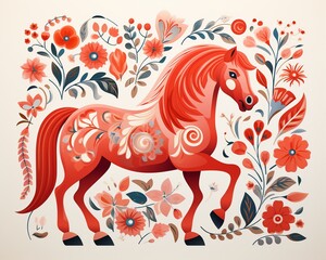 Fototapeta premium Joyful vector scene with a red horse and a variety of playful plant motifs, clear, detailed, and vibrant colors , against pure white background