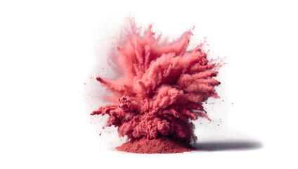 A striking isolated crimson powder explosion on a pure white background offers a stark contrast of colors and themes