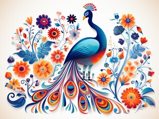 Naklejka premium Playful vector design featuring a decorative peacock in a lively garden, bold colors and patterns, clear and vibrant , against pure white background