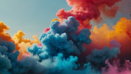 The image captures a dynamic scene of vividly colored smoke rising against a sky background, creating an abstract and artistic visual