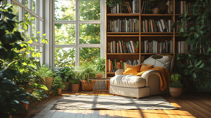 A tranquil reading nook with a minimalist bookshelf, cozy chair, and soft throw pillows, bathed in...