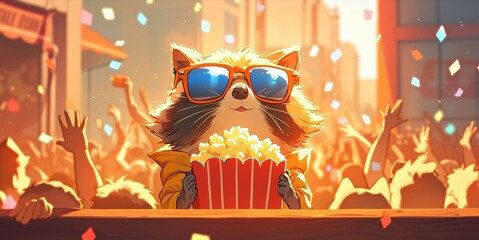 Raccoon wearing sunglasses eating popcorn in front of movie theater, cheering, creating an exciting atmosphere for the big screen movie experience.