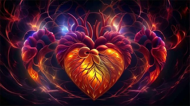 A stunning digital illustration of an anatomical heart, glowing with fiery colors, set against a dark, flowing background.
