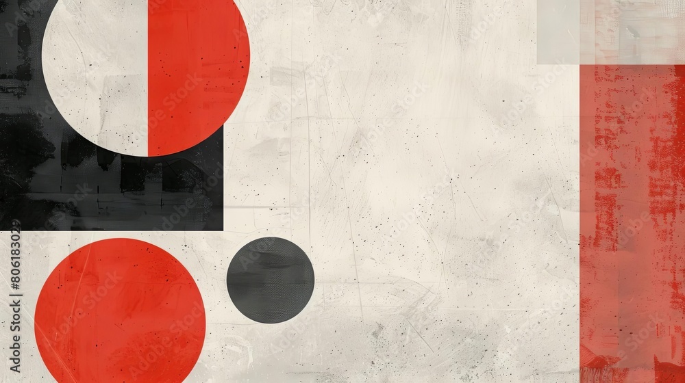 Poster clean abstract geometric patterns with red circle on white wall.