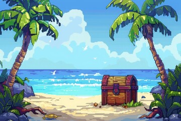 Obraz premium Tropical Island Pixel Art with Treasure Chest on Sandy Beach, Concept of Adventure and Hidden Treasures in Digital Games