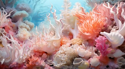 Underwater scene of a coral reef with various types of coral and fish