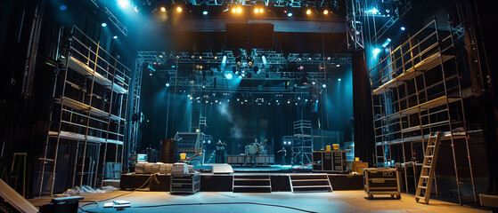 A live stage production being set up in a center stage venue. Rigging equipment, lighting trusses,...