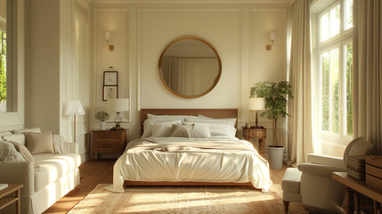 A tranquil bedroom with a neutral color scheme and a single, large wall mirror.