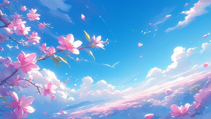 The background is a blue sky and white clouds, with pink flowers in the foreground, creating a style in the style of anime. 