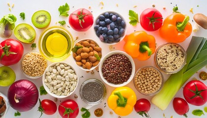 Bright array of red tomatoes, green kiwis, orange bell peppers, blueberries, and almonds, neatly arranged on a white background.