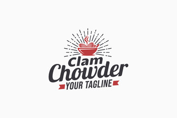 clam chowder logo with a combination of a bowl, clam and beautiful lettering in vintage style for restaurants, cafes, food trucks, etc. - obrazy, fototapety, plakaty