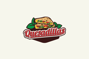 Quesadillas logo with a combination of two pieces of quesadillas, leaves, and beautiful lettering, suitable for food trucks, restaurants, cafes, etc.