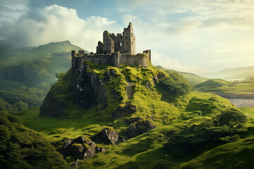 Fototapeta premium Ancient stone castle perched atop lush green hilltop. Generative AI