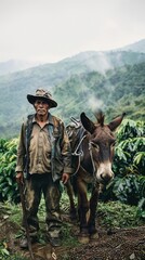 A young Colombian farmer, stands beside his mule laden with coffee beans
