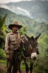 Fototapeta premium A young Colombian farmer, stands beside his mule laden with coffee beans 