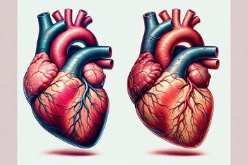 Illustrations of a healthy and unhealthy human heart, highlighting the stark contrasts for educational use.