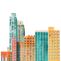 Brightly colored city buildings, on a transparent background