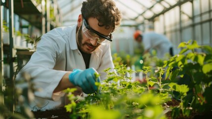 Innovation in Agriculture: The scientist working with advanced agricultural equipment or technologies in greenhouse, showcasing innovative approaches to plant breeding and cultivation. Generative AI - obrazy, fototapety, plakaty