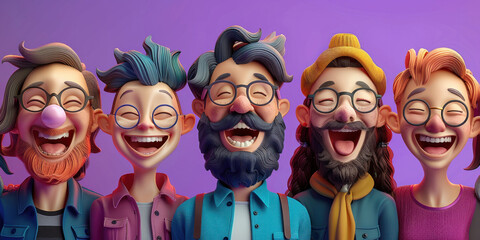 Diverse group of smiling people with glasses and beards looking at camera in a friendly and cheerful manner