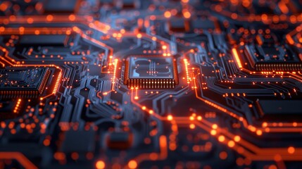 A close up of a computer chip with orange glowing lights on a black background