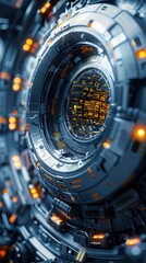 A closeup of a futuristic sci-fi spaceship engine with glowing orange lights