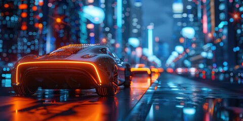A futuristic car drives through a city at night. The car is orange and black, and the city is blue and purple.