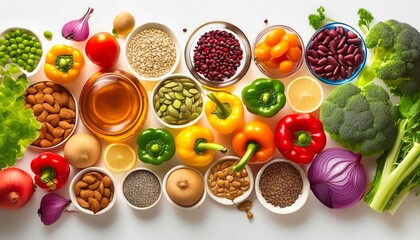 Vibrant selection of red kidney beans, almonds, green bell peppers, broccoli, and whole grains on a white background.