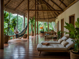 Eco-conscious lodge interior with hammocks and lush green plants, enveloping guests in a tranquil ambiance that fosters connection with the surrounding environment