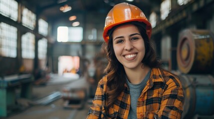 Waist up portrait of cheerful young woman wearing hardhat smiling happily looking at camera while posing confidently in production workshop. Generative AI