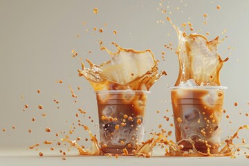 Two plastic cup of iced coffee flying in the air. coffee splashing in the minimalist background.