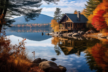 Fototapeta premium Wooden cabin nestled beside a tranquil mountain lake surrounded by autumn foliage. Generative AI