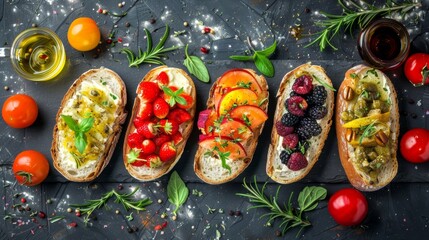 A spread of artisan bread slices brushed with different types of organic flad oils and topped with herbs and fruits.