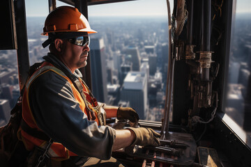 Fototapeta premium Crane operator high above ground, captured in candid moment as they focus intently on their task below. Generative AI